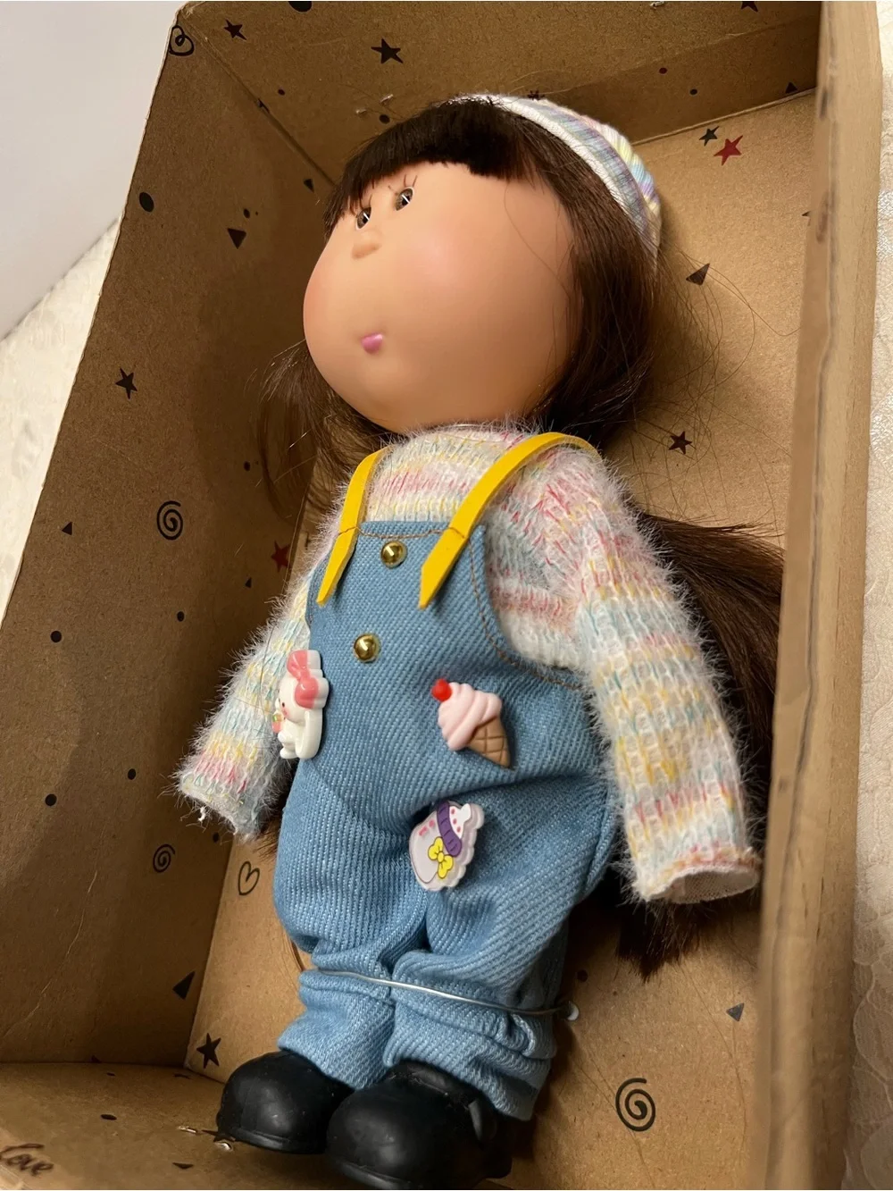 New, Mia Potato Doll in Pastel Striped Hat and Blue Overalls